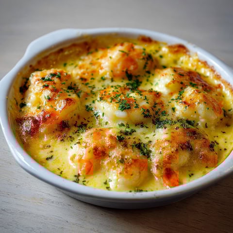 Un plat de Gratin de Langoustines à la Crème Safranée sur une table.