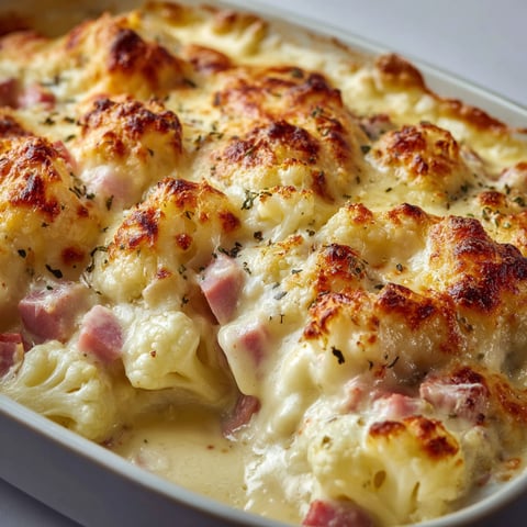 Une casserole de chou-fleur au jambon et à la béchamel, servie dans un plat en verre.