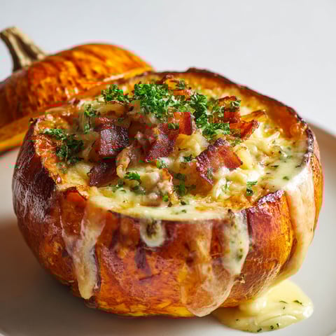 Un potimarron façon tartiflette, avec des bacon et des herbes, est un plat savoureux et délicieux.