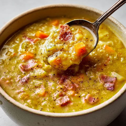 Une cuillère en argent est utilisée pour prendre une portion de la soupe de pois cassés façon campagnarde.