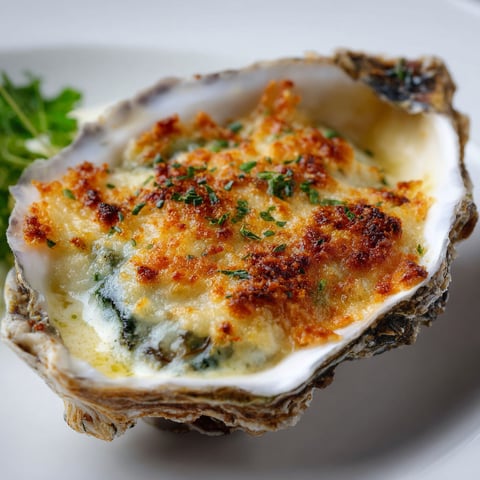 Une portion de Huîtres gratinées sur un plateau.