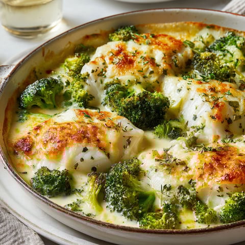Un plat de poisson gratiné avec des légumes verts.