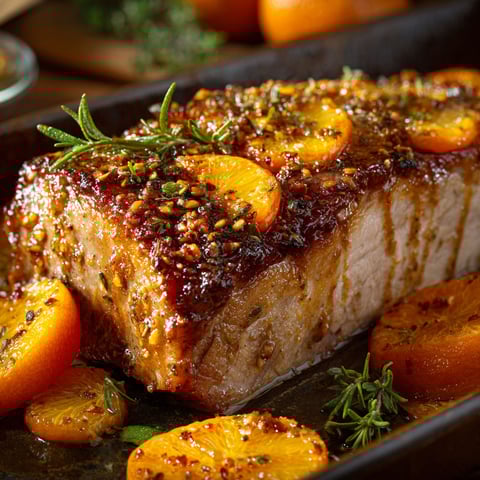 Un morceau de porc grillé avec des clémentines et des herbes.