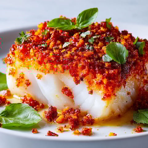 Une poêlée de cabillaud en croûte de chorizo, servie sur un plateau.