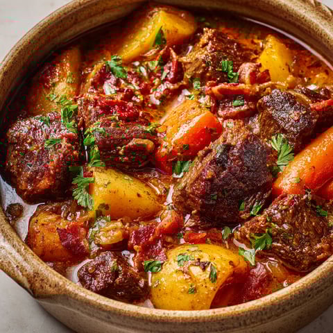 Un plat de boeuf mode comme autrefois, avec des carottes et des herbes, dans un bol en terre.