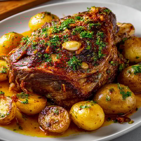 Un gigot d'agneau à la harissa est servie sur une assiette blanche avec des pommes de terre et des herbes.
