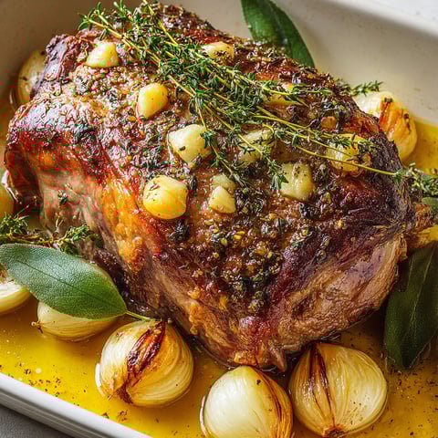 Un gigot d'agneau piqué à l'ail dans un plat en verre.