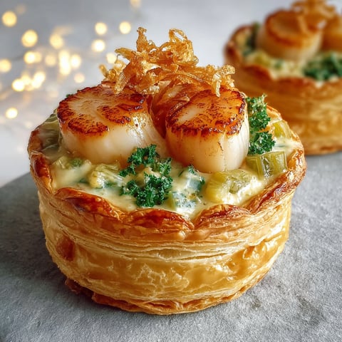 Un vol-au-vent Saint-Jacques est présenté sur une table, accompagné de poireaux et de crème au beurre citronné.