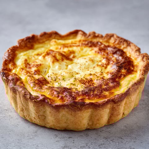 Une quiche soufflée au fromage et muscade est servie sur un plateau.