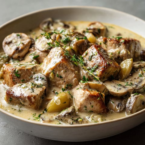 Un plat de Blanquette de Filet Mignon de Porc aux Champignons.