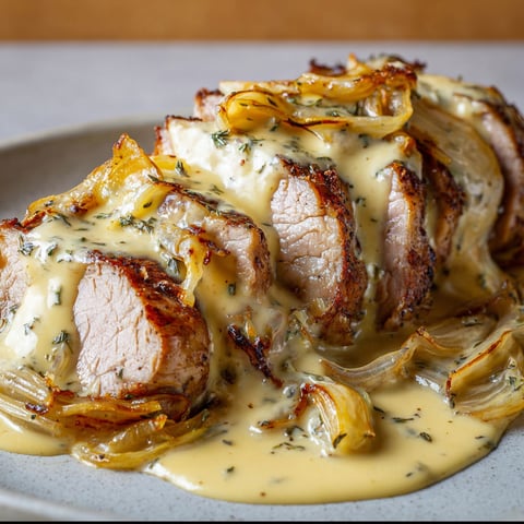 Un filet mignon enrobé de sauce au reblochon et accompagné d'oignons confits.