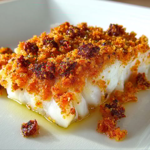 Une portion de dos de cabillaud en crumble de chorizo et parmesan, servie sur un plateau.