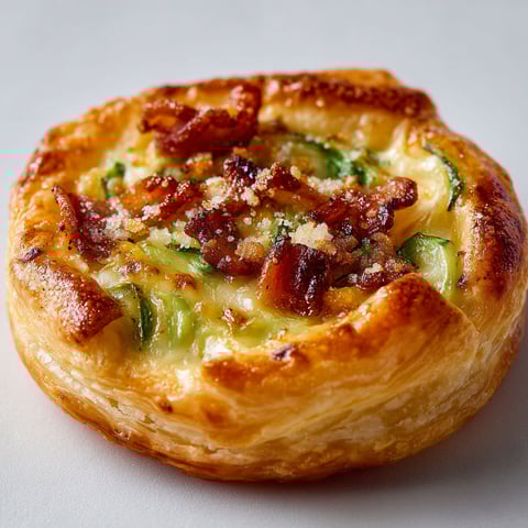 Une tartelettes feuilletées aux poireaux, Comté et Bacon, est servie sur une table blanche.