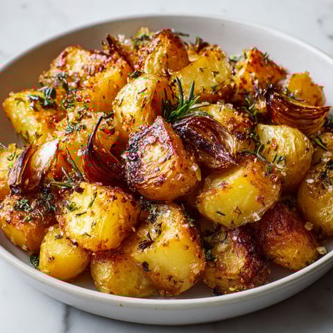 Une assiette de pommes de terre croustillantes au four, avec des herbes et des légumes, est servie sur une table de marbre.