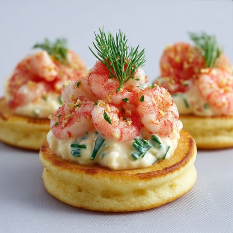 Mini blinis moelleux, crevettes roses et mayonnaise légère maison, avec une petite touche d'herbes (aneth).