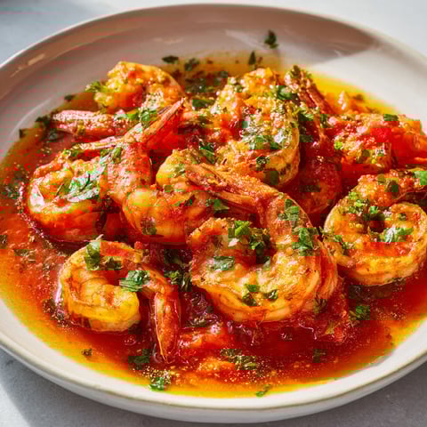 Une assiette de crevettes à la sauce tomate, servies sur un plateau.