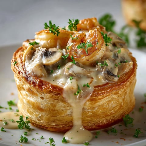 Une Bouchée à la Reine Facile, Façon Grand-Mère, est servie sur un plateau avec des herbes fraîches.