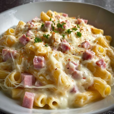 Une plate de pâtes Jambon-Fromage, garnie de pâtes, de sauce et de fromage.