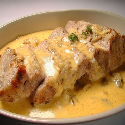 Un plat de rôti de porc au maroilles, avec une sauce onctueuse et des herbes fraîches.