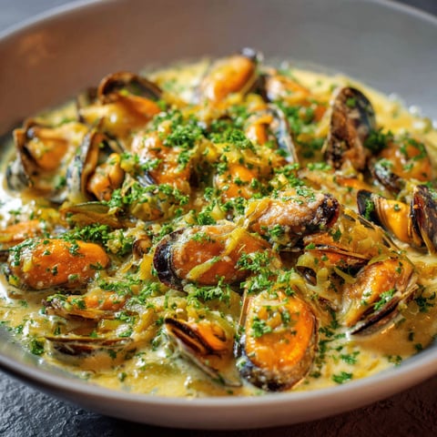 Une fricassée de moules au poireau est servie dans un bol.