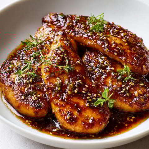 Escalopes de poulet fondantes caramélisées au miel à l’ail et sauce soja.