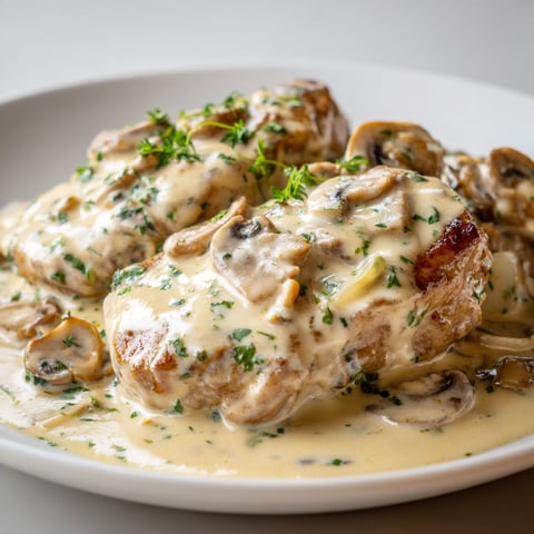 Un escalope de veau à la crème est servi sur une assiette blanche.