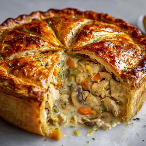 Une tourte au poulet maison est servie sur une table.