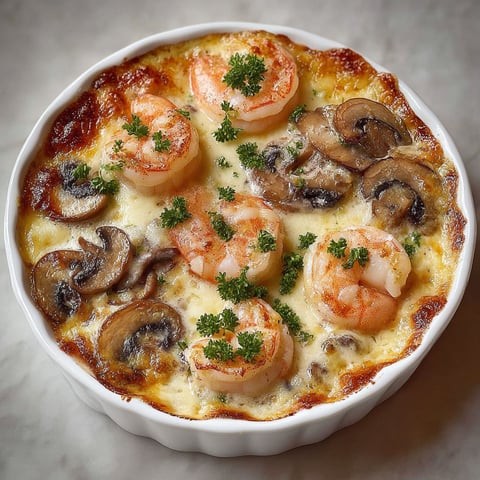 Un plat de crevettes et champignons gratinés, avec des herbes vertes pour garnir.