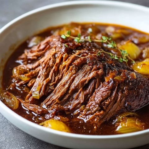 Un bœuf effiloché fumant dans un bouillon savoureux, accompagné de pommes et d'oignons.