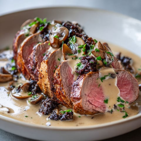 Un filet de boeuf sauce trompette de la mort est servie sur un plateau.