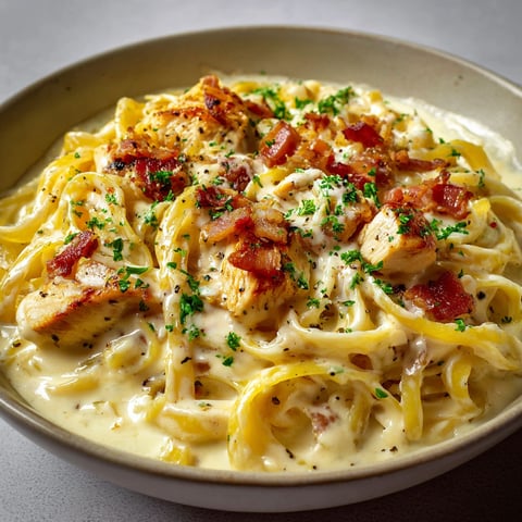 Une assiette de Pâtes Crémeuses au Poulet à l'Italienne, servie dans un bol.