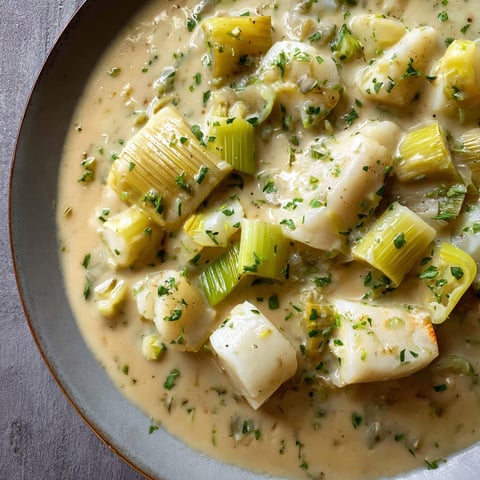Une assiette de blanquette de poireau au poiré, avec des légumes verts et des herbes fraîches.