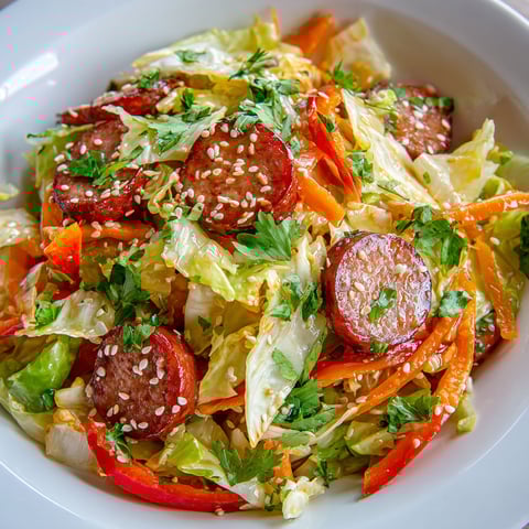 Une salade de chou et saucisses de Montbéliard est servie dans un bol blanc.