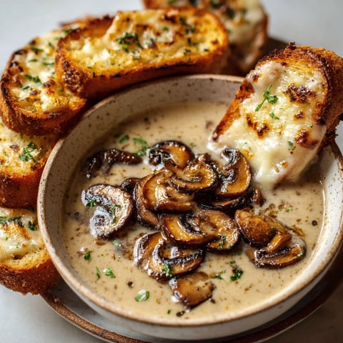 Une soupe de champignons accompagnée de pain gratiné à l'ail, un combo réconfortant et délicieux.