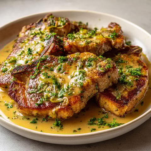 Une assiette de côtes de porc sauce charcutière.