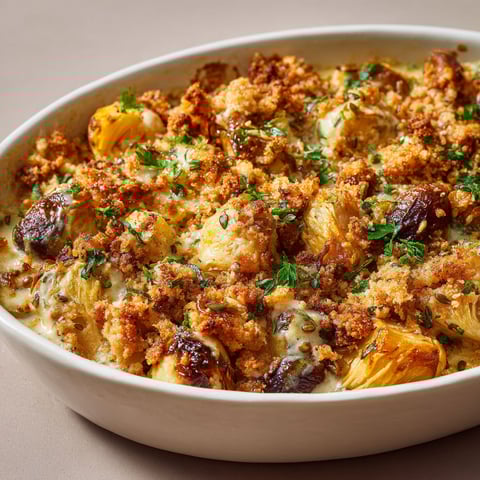Une assiette de crumble de légumes anciens, avec des légumes tels que des carottes et des oignons, est servie dans un bol blanc.