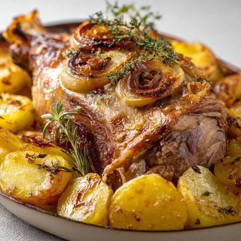 Un gigot d'agneau et des pommes de terre boulangères dans un plat.