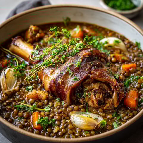 Un plat de Jarret de porc aux lentilles, avec des légumes et des herbes, est servie dans un bol.