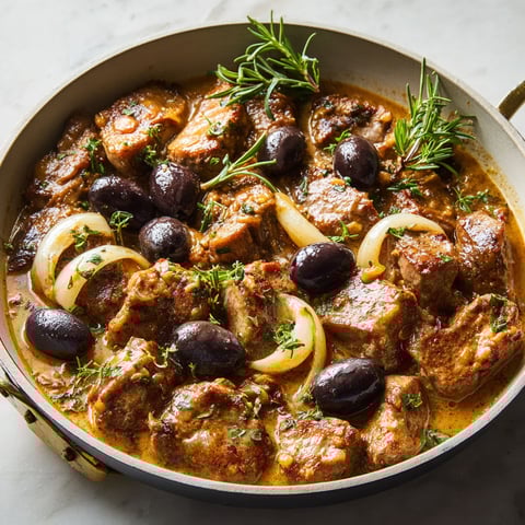Un plat de Sauté de veau aux olives, avec des herbes et des oignons, est présenté dans un bol sur une table.