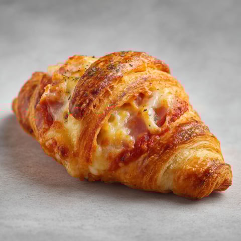 Un croissant apéritif façon pizza est présenté sur une table.