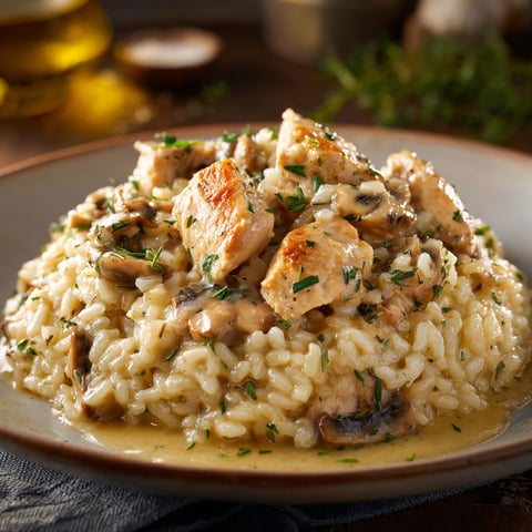 Risotto de poulet aux champignons, une recette savoureuse et délicieuse, est servie sur un plateau en porcelaine.