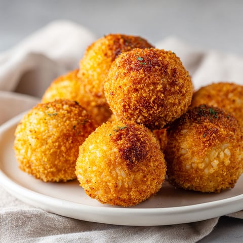 Une pile de boulettes de risotto dorées et croustillantes, prêtes à être cuites.