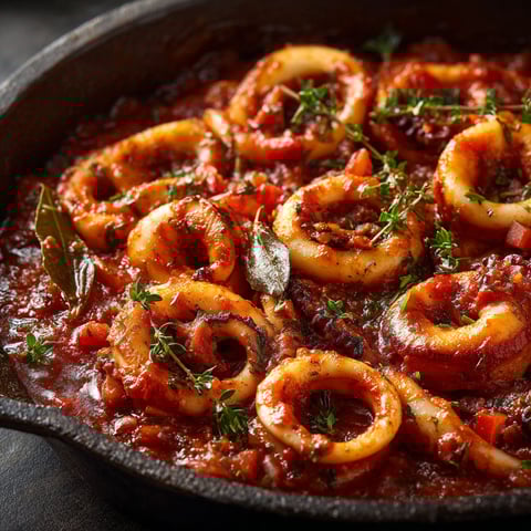 Anneaux d'encornets à la provençale dans un bol en fonte.
