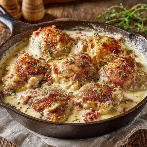 Un plat de poulet mijoté à la crème de parmesan et jambon de Parme.