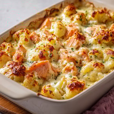 Un plat de gratin de chou-fleur au saumon, avec des légumes et des pommes de terre, est prêt à être servi.