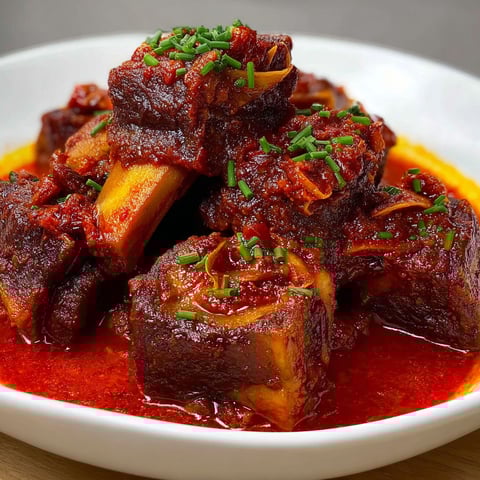 Une assiette de côtes de bœuf braisés en sauce rouge épicée.