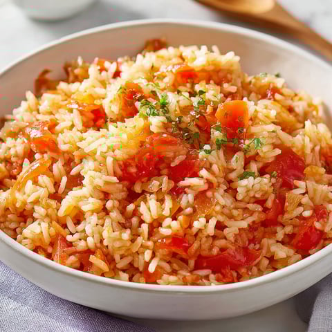 Un plat de riz aux tomates façon grand-mère, avec des herbes et des tomates, est servie sur une table.