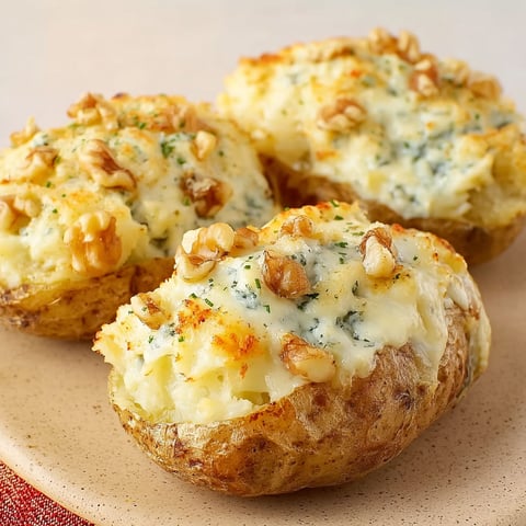 Pommes de terre au roquefort, trois pots de terre cuits avec des croûtes dorées et des morceaux de bacon, garnis de fromage et de noix de cajou.