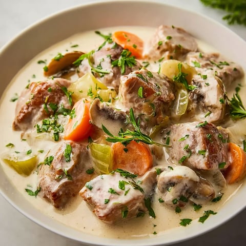 Une blanquette de veau au airfryer est servie dans un bol.