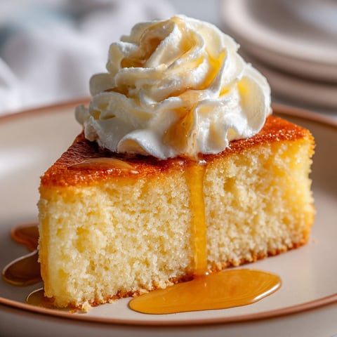 Une portion de gâteau de semoule façon grand-mère, avec une sauce caramélisée, sur un plateau.